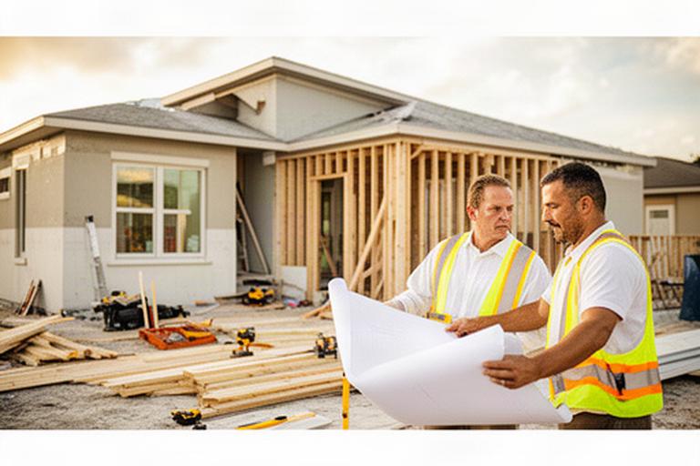 Florida homebuilder and subcontractor reviewing construction plans beside a residential renovation site